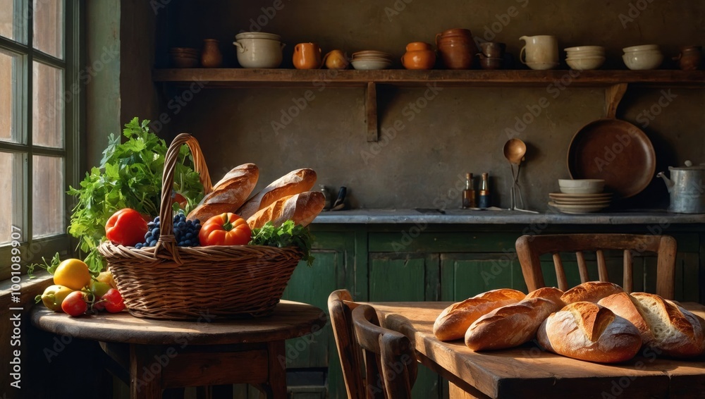 fresh bread, fruit, vegetables in a basket on the table fresh bread, fruit, vegetables in a basket on the table