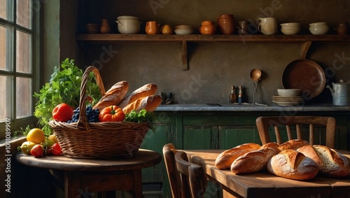 fresh bread, fruit, vegetables in a basket on the table