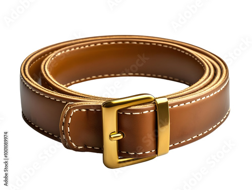 Elegant brown leather belt with gold buckle on a white isolated background.