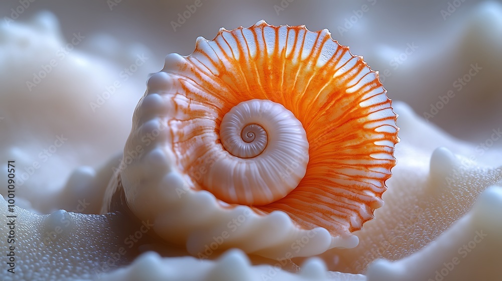 A close-up of a small seashell with a white and orange spiral pattern, resting on a white textured surface. A close-up of a small seashell with a white and orange spiral pattern, resting on a white textured surface.