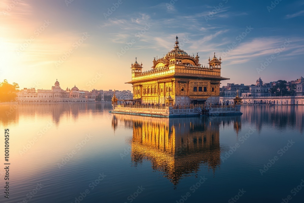 Fototapeta premium golden temple reflected in serene waters at sunset