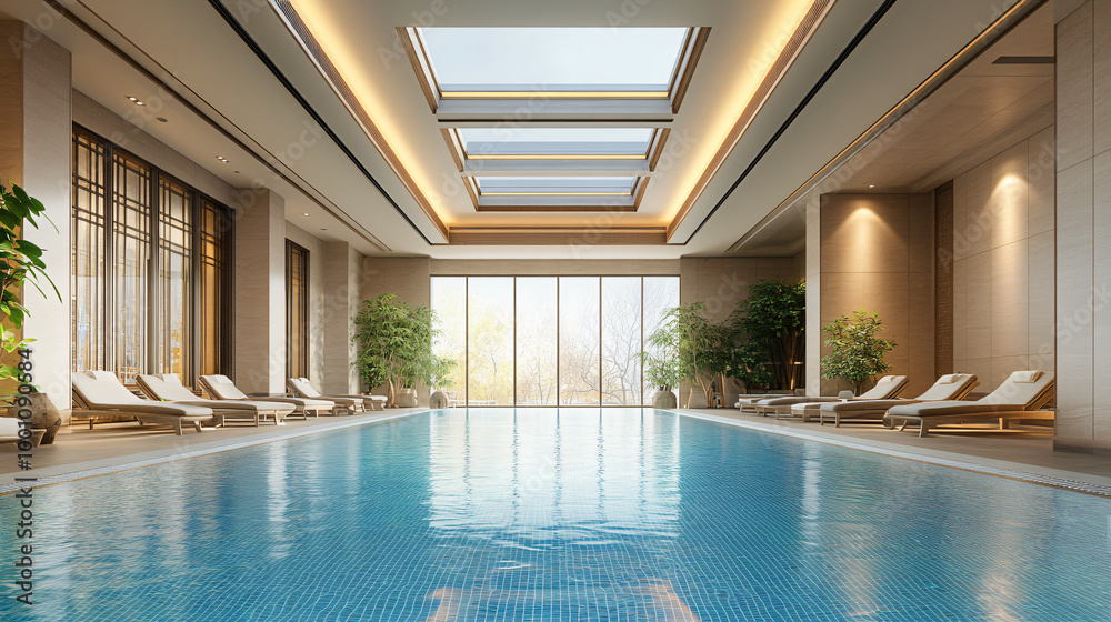 Fototapeta premium Luxurious hotel spa featuring an indoor swimming pool with natural lighting from a skylight