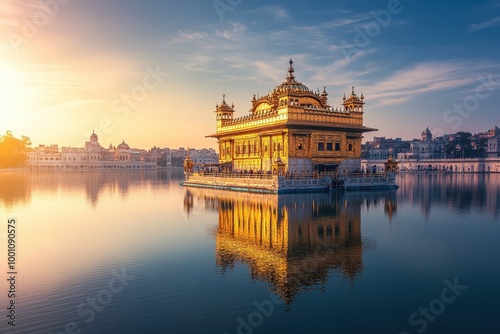 golden temple reflected in serene waters at sunset photo