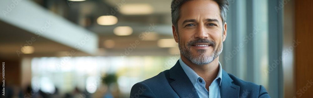 A cheerful middle-aged businessman stands confidently in an office setting with arms crossed A cheerful middle-aged businessman stands confidently in an office setting with arms crossed