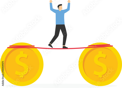 Male walks from one stack of coins to another along a tight rope. Overcome difficulty. Flat vector illustration

