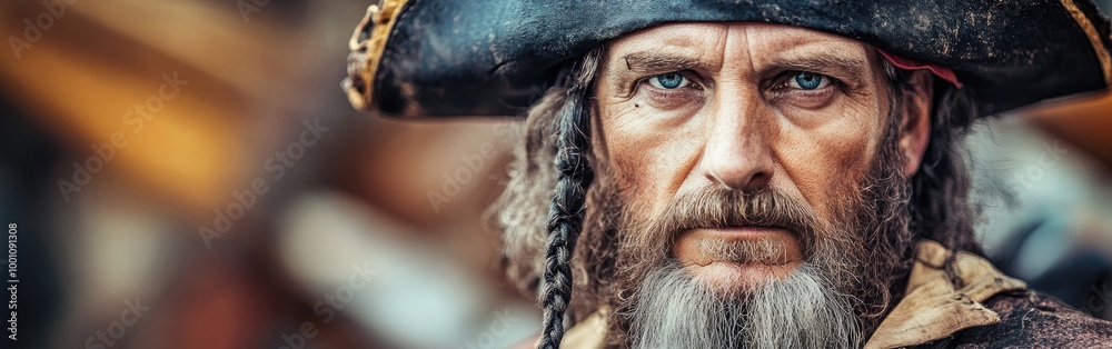 A man dressed as a pirate poses with a boat in the background, showcasing his adventurous spirit A man dressed as a pirate poses with a boat in the background, showcasing his adventurous spirit