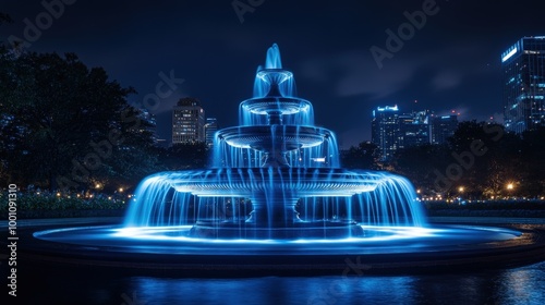 Illuminated city fountain at night