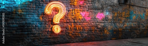 A vibrant neon question mark lights up a colorful brick wall, creating an engaging atmosphere