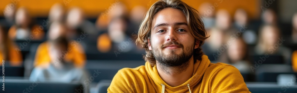 Fototapeta premium A cheerful university student sits in a lecture hall, enjoying the classroom setting