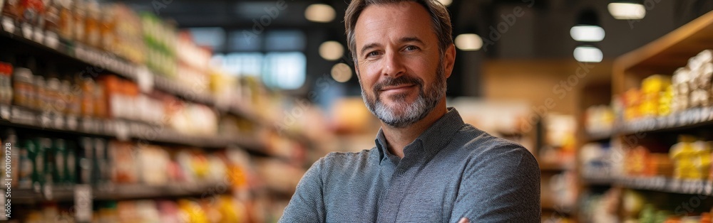 A friendly supermarket manager stands confidently in his store's aisles, showcasing products A friendly supermarket manager stands confidently in his store's aisles, showcasing products