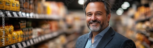 A mature supermarket manager stands cheerfully in his store, showcasing his welcoming demeanor