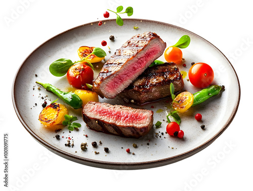 Grilled steak served with cherry tomatoes and greens on a white plate, showcasing vibrant colors and textures. photo