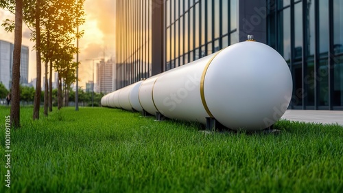 The image features large white storage tanks lined up on green grass near a modern building, with a sunset casting warm light across the scene.