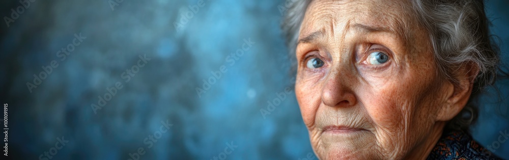 An elderly woman with a worried expression stands against a blue backdrop, portraying sadness An elderly woman with a worried expression stands against a blue backdrop, portraying sadness