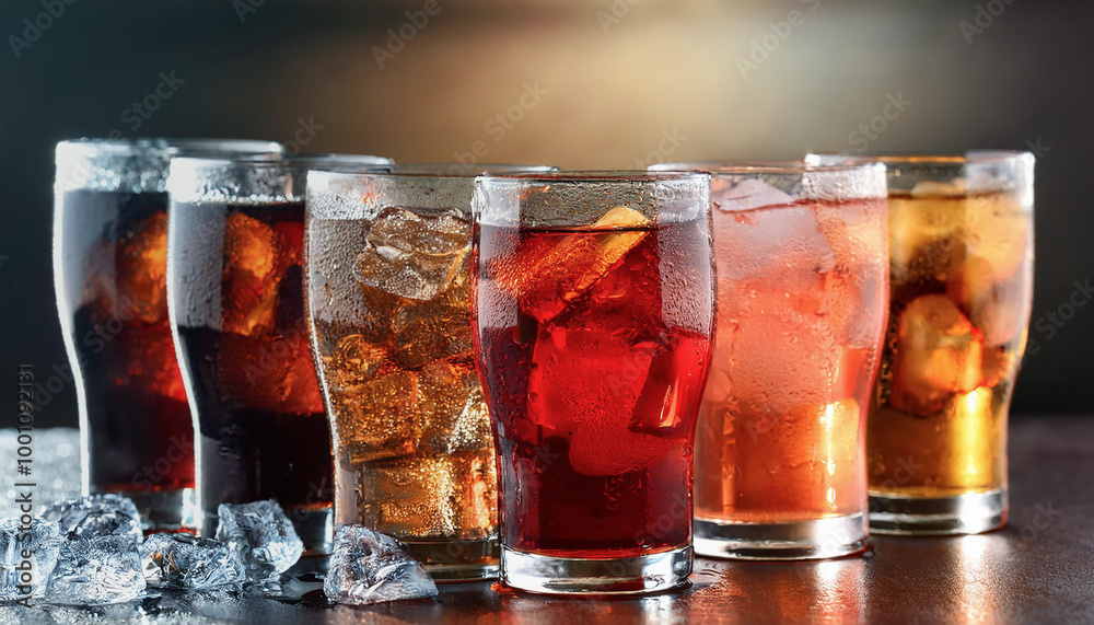 Multi-colored soft drink glasses, cool drinks with ice
