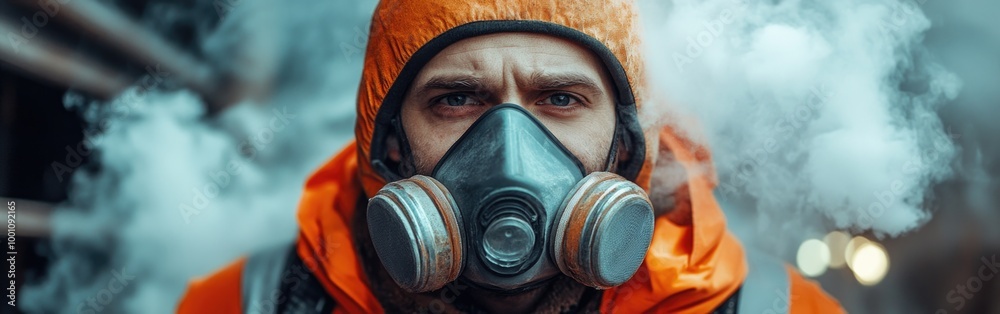 A chemical engineer is wearing a high-grade mask while working in a smoky construction area A chemical engineer is wearing a high-grade mask while working in a smoky construction area