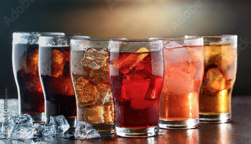 Obraz na płótnie Multi-colored soft drink glasses, cool drinks with ice w salonie
