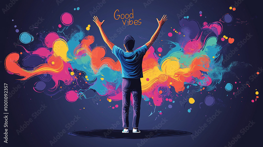 Man celebrating with colorful abstract design Man celebrating with colorful abstract design