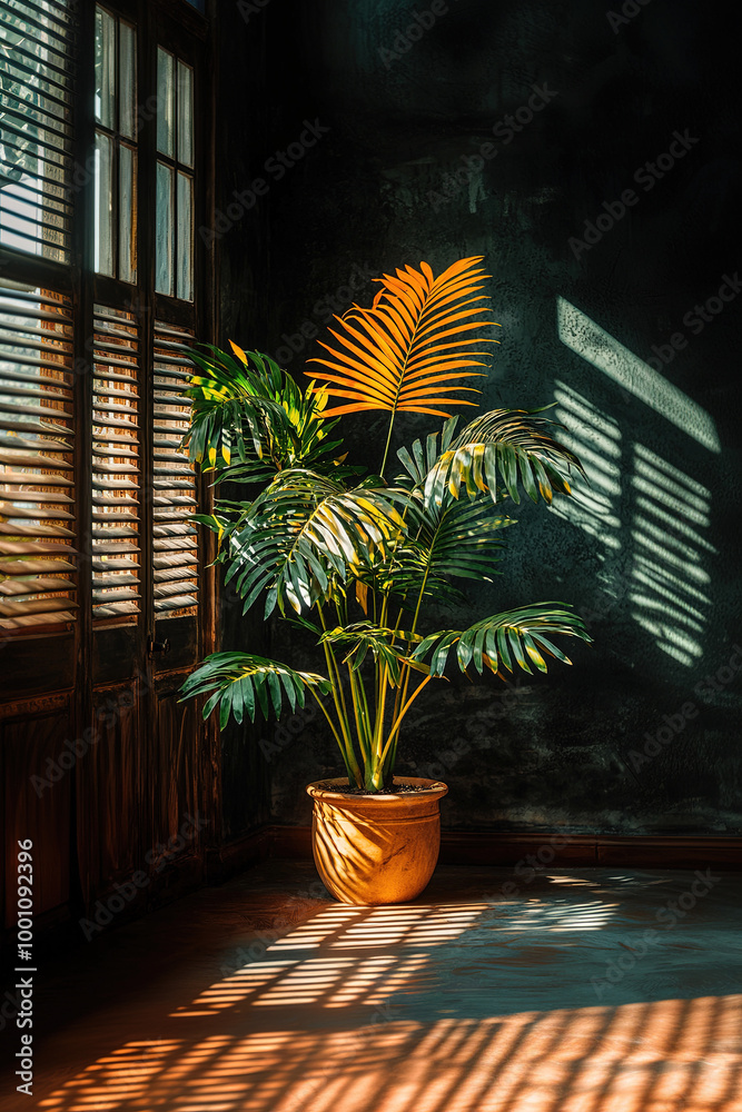 Fototapeta premium Green potted plant casting shadows on the floor