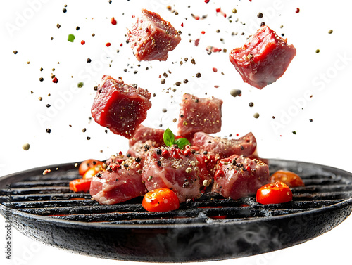 Sizzling beef chunks seasoned with colorful spices, floating above a grill, showcasing mouthwatering flavors. photo