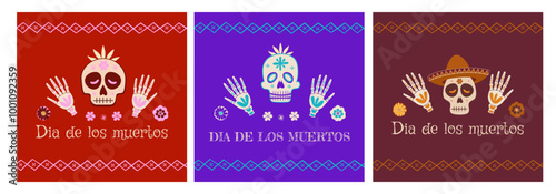 Vector Dia de los Muertos, day of dead, mexican traditional holiday. Set of square cards with skeleton with flowers, skeleton hands. Mexican ornament. Banner, greeting card, poster, invitation 