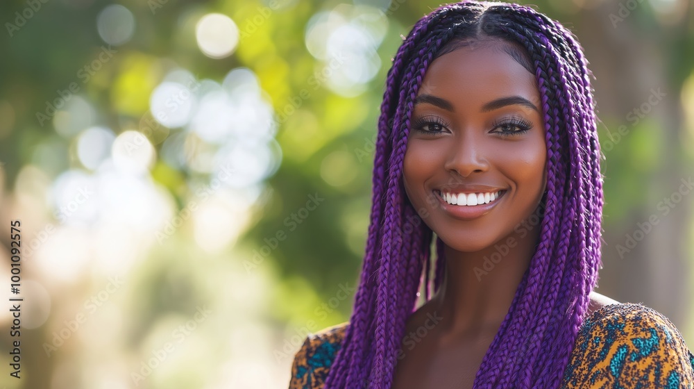 Beautiful Woman with Long Vibrant Purple Box Braids, Smiling Warmly Outdoors, Celebrating Diversity and Natural Beauty Ideal for Print, Poster, or Social Media Design