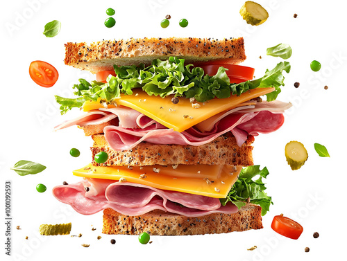 Delicious stacked sandwich with ham, cheese, lettuce, and fresh vegetables on a rustic background. photo