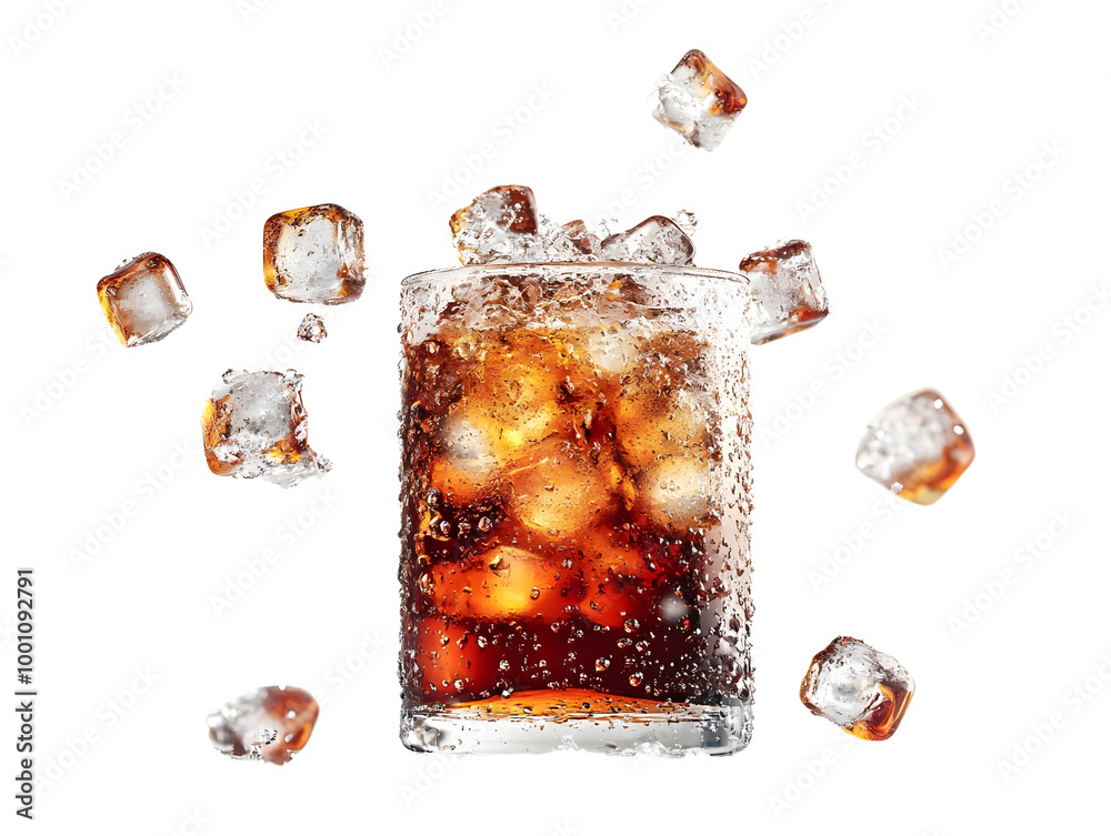 Refreshing cola drink in a glass with ice cubes, featuring sparkling bubbles against a white isolated background. Refreshing cola drink in a glass with ice cubes, featuring sparkling bubbles against a white isolated background.