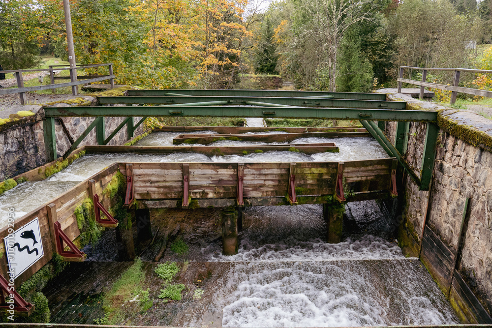 Fototapeta premium Fish pass or salmon ladder. man made fish ladder in the streaming water 