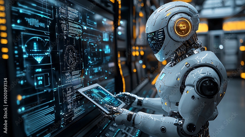 Fototapeta premium An AI robot in a control room, using a tablet to operate machinery, with digital graphs hovering around