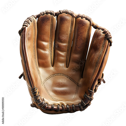 A vintage leather baseball glove resting against a white isolate background. photo