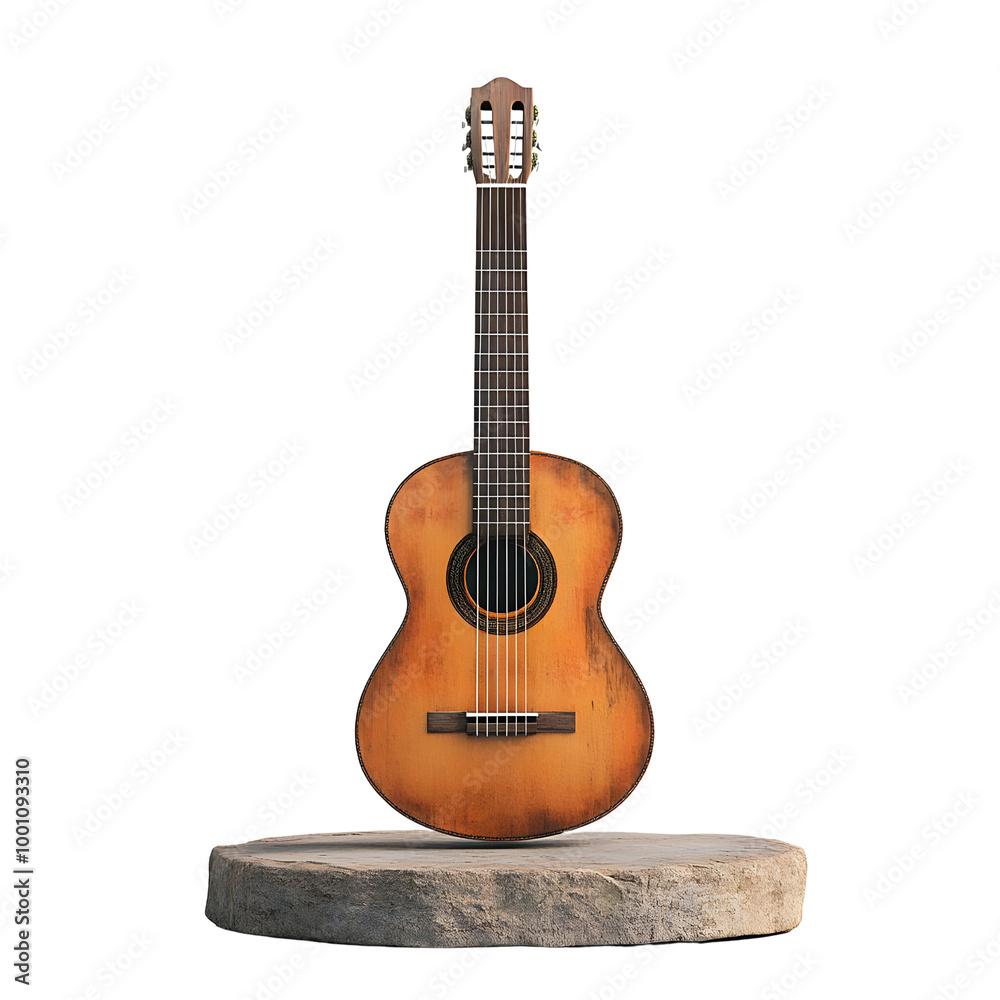 Obraz premium Acoustic guitar on a stone pedestal, isolated on a white background.