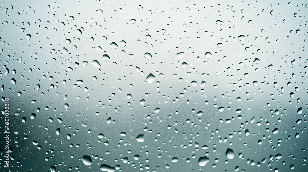 Raindrops forming on window on rainy day, creating stunning texture glistening in light, reflecting blue hues outside Raindrops forming on window on rainy day, creating stunning texture glistening in light, reflecting blue hues outside
