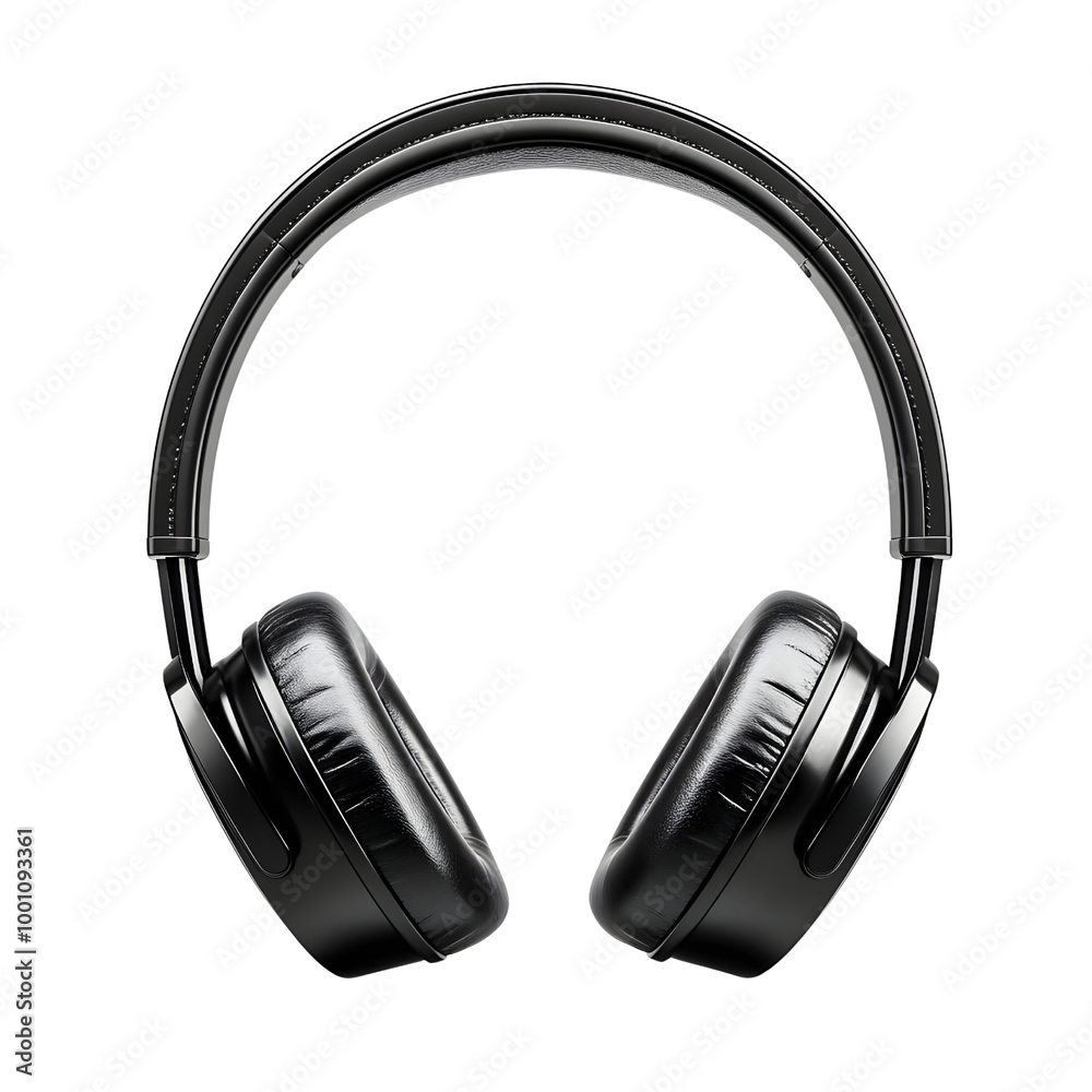 Fototapeta premium Black wireless headphones with plush padding and sleek design, perfect for music and audio enjoyment, isolated on a white background.