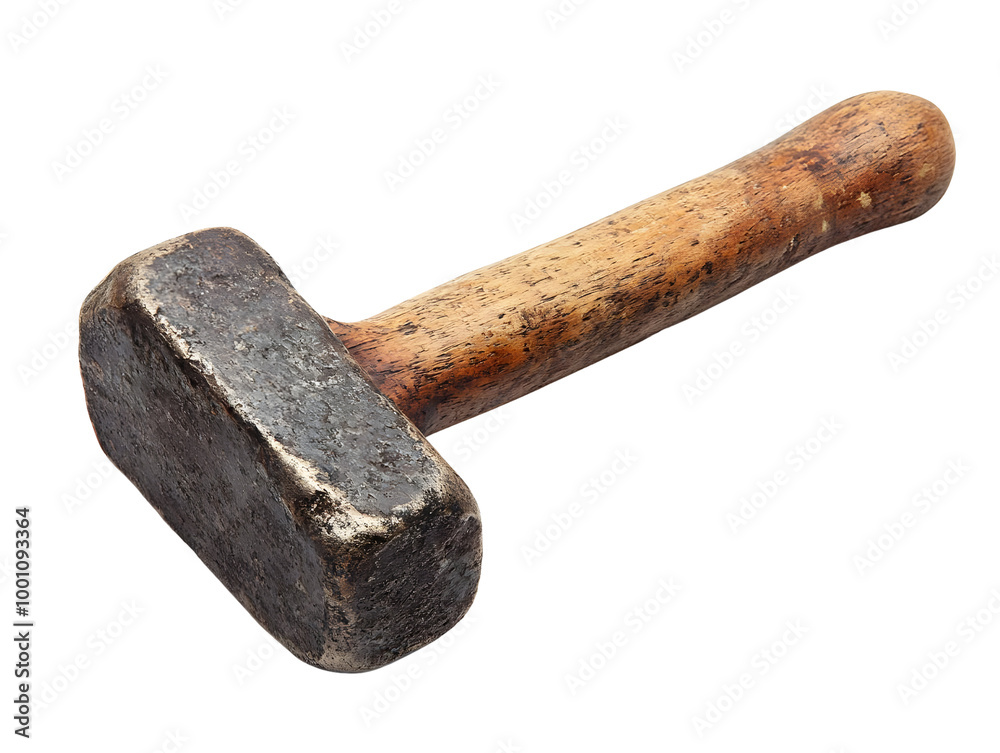 Old, heavy hammer with a wooden handle on a white isolated background.