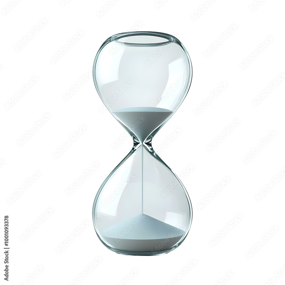 Clear glass hourglass with flowing sand, representing time management and patience, on a white isolated background. Clear glass hourglass with flowing sand, representing time management and patience, on a white isolated background.