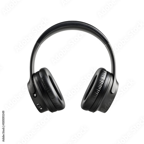 Black wireless headphones against a white isolated background.