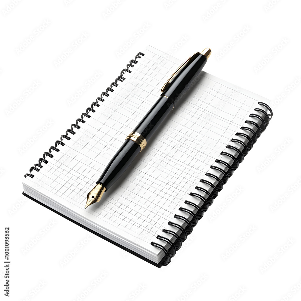 Elegant black pen resting on a spiral notebook with grid paper, isolated on white background. Elegant black pen resting on a spiral notebook with grid paper, isolated on white background.