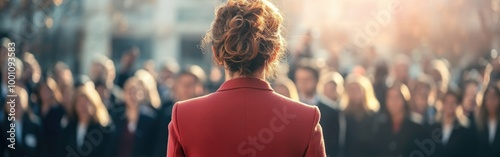 A woman politician engages with supporters during an inspirational outdoor speech