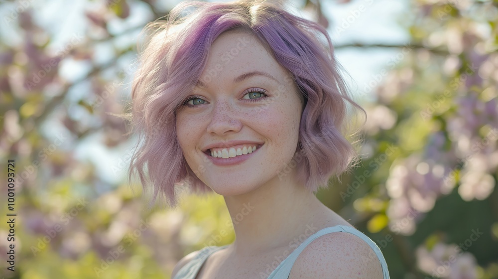 Portrait of Smiling Woman with Short Lavender Hair in Spring Garden, Ideal for Lifestyle and Fashion Projects Portrait of Smiling Woman with Short Lavender Hair in Spring Garden, Ideal for Lifestyle and Fashion Projects