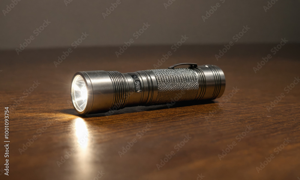 A silver flashlight lies on a wooden table with its light shining brightly A silver flashlight lies on a wooden table with its light shining brightly
