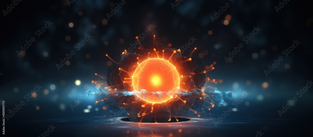 Glowing Orange Sphere with Spikes in a Dark Blue Background Glowing Orange Sphere with Spikes in a Dark Blue Background