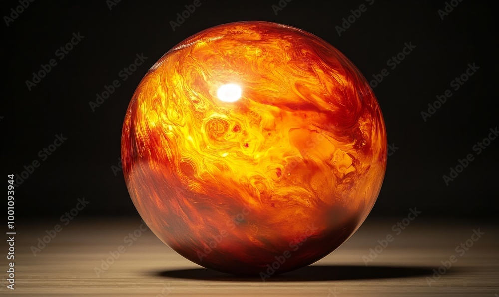 Orange and red swirled sphere on brown surface. Orange and red swirled sphere on brown surface.