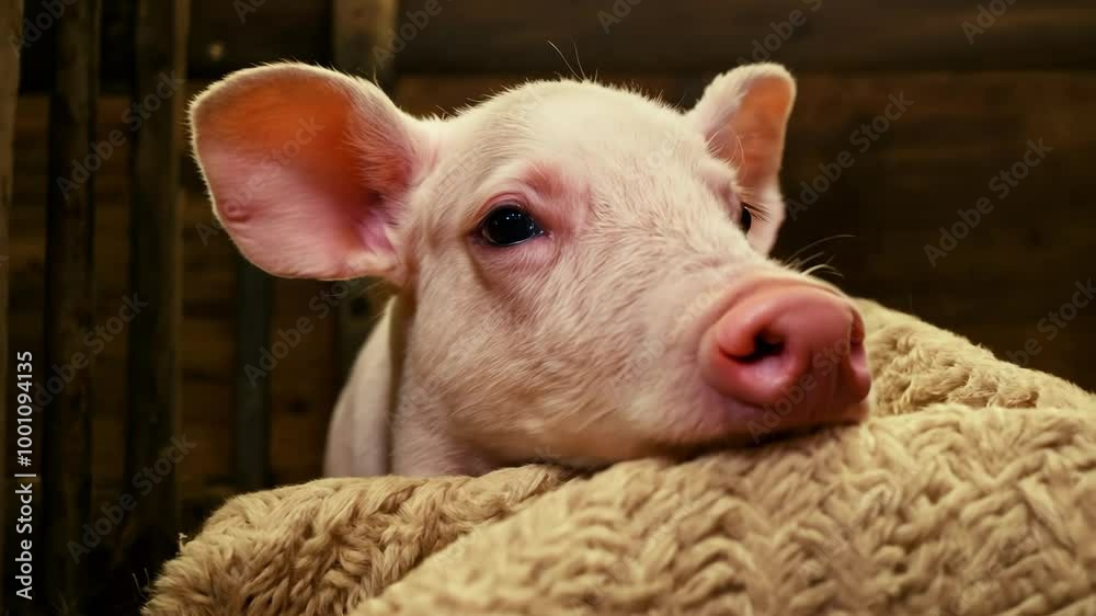 Adorable piglet resting on cozy blanket in barn Adorable piglet resting on cozy blanket in barn