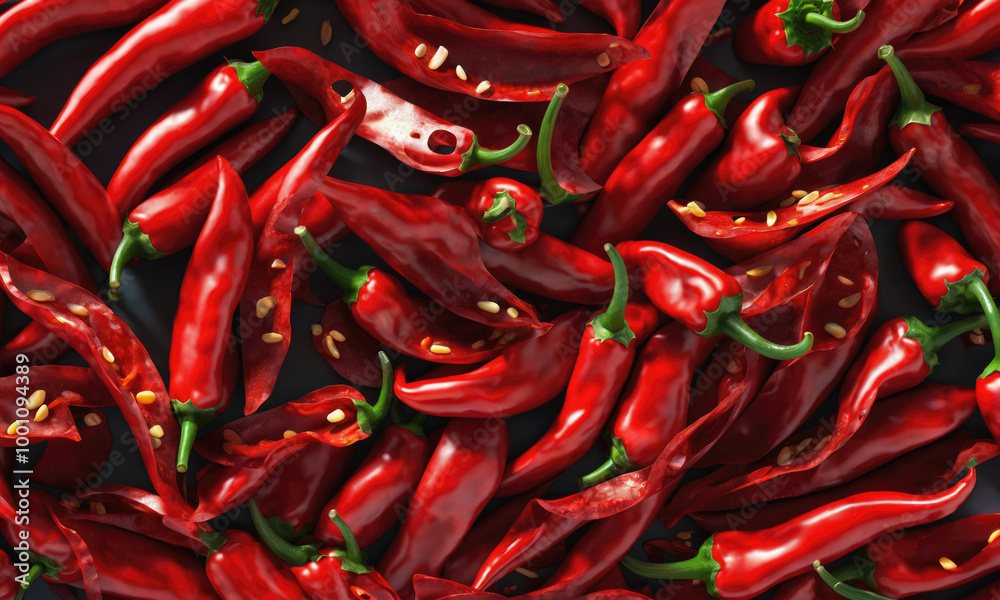 A close-up of red chili peppers scattered on a dark surface A close-up of red chili peppers scattered on a dark surface