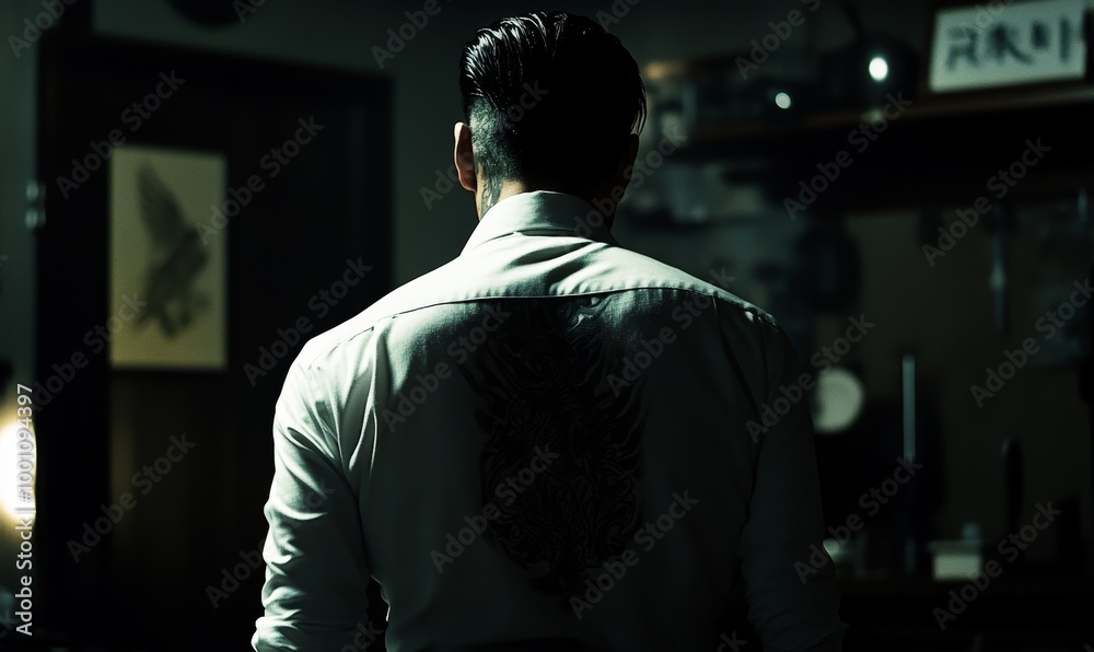 Man in white shirt with back tattoo. Man in white shirt with back tattoo.