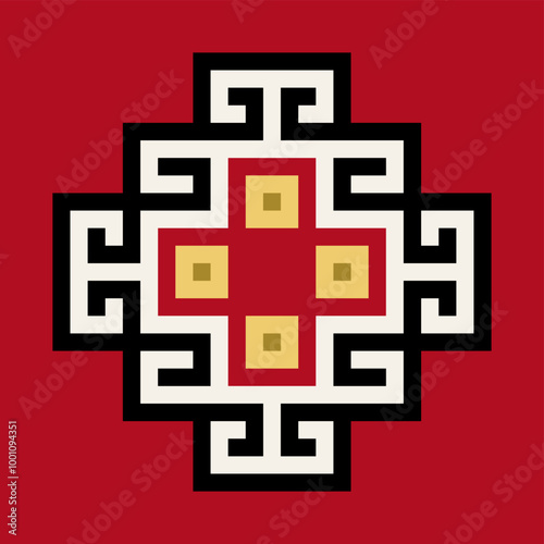 Chakana or also Andean Cross, a stepped cross, based on a detail of an Inca tunic or also called uncu. Textile design and motif of the Inca Empire from 15th century CE. Isolated illustration. Vector.