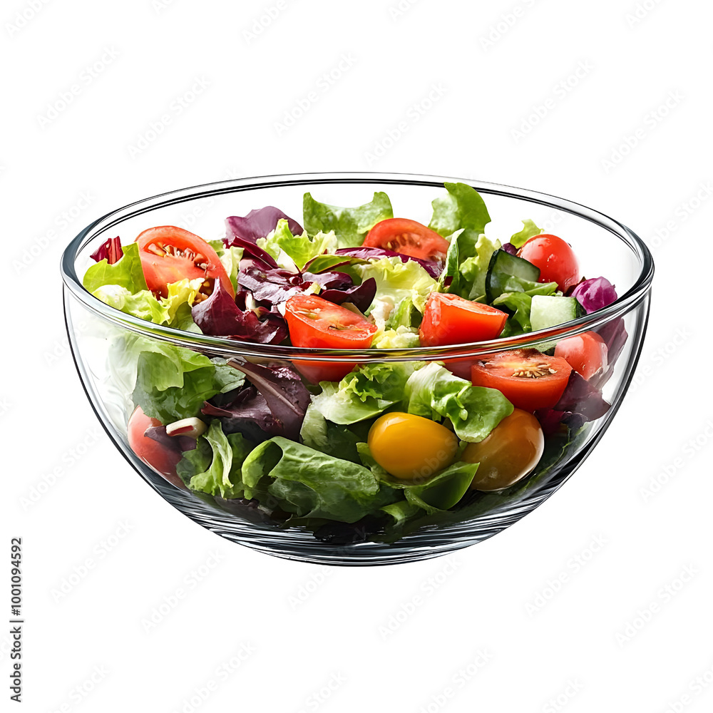 A fresh and colorful salad in a clear glass bowl, featuring lettuce, tomatoes, and various greens. A fresh and colorful salad in a clear glass bowl, featuring lettuce, tomatoes, and various greens.