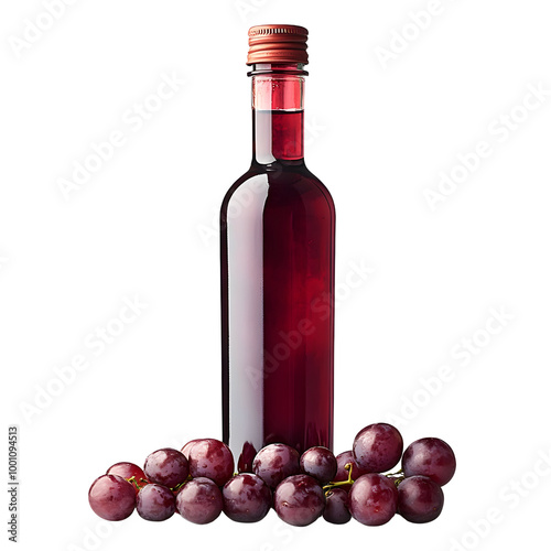 A bottle of red grape juice surrounded by fresh grapes on a white isolated background. photo