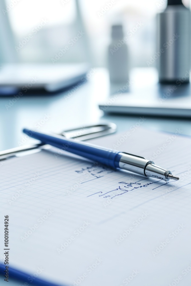 A close-up of a pen resting on a notepad with a laptop and a bottle in the background. A close-up of a pen resting on a notepad with a laptop and a bottle in the background.